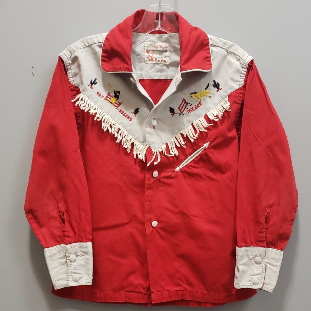 Vintage 1950s Roy Rogers Frontier Wear Western Red Fringe Boys Shirt, Size 8